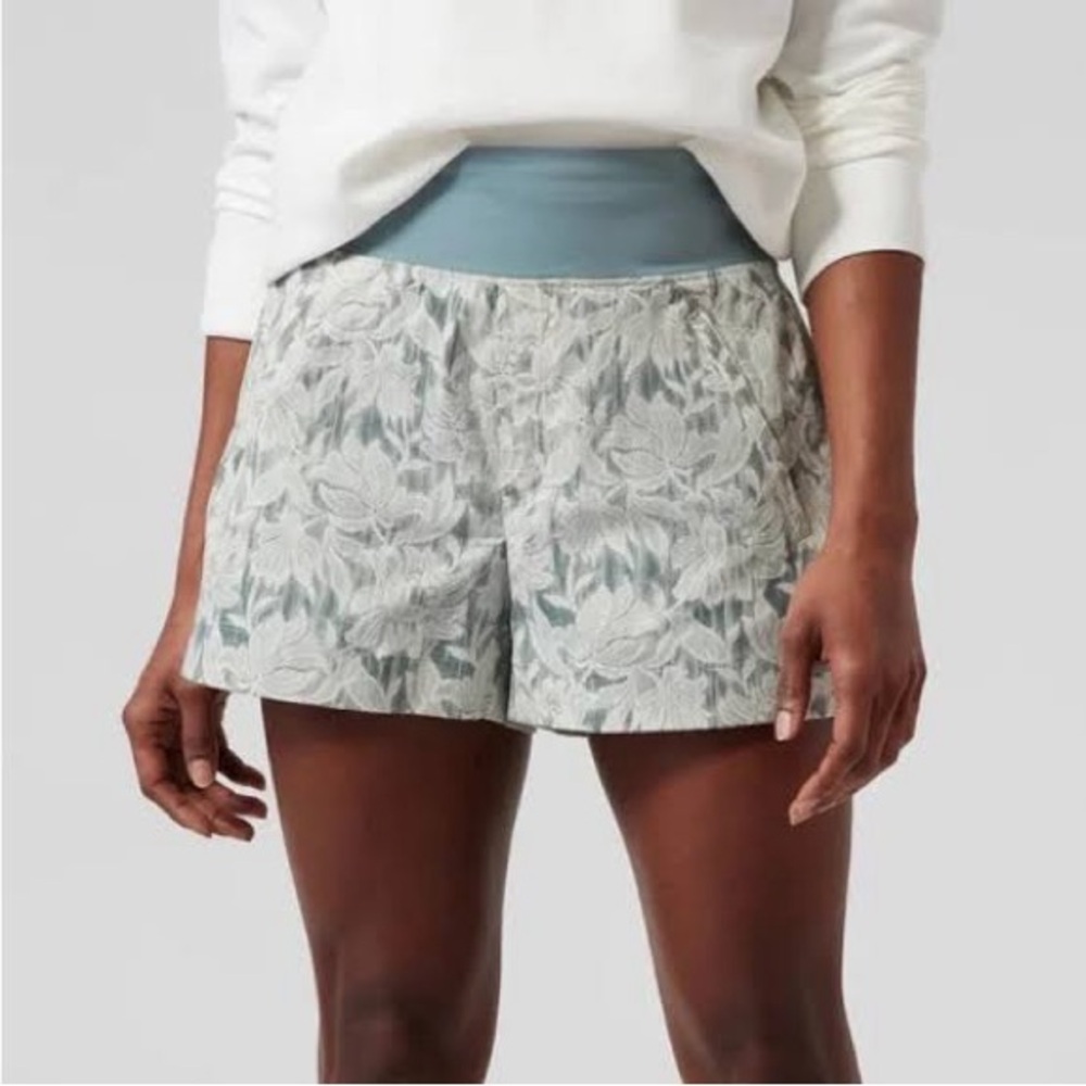 Athleta Floral Print High-Waist Lounge Shorts in Light Blue and White